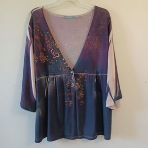 NY Collection 1X Cardigan Sublimation Whimsy l 3/4 Sleeve Button Lightweight